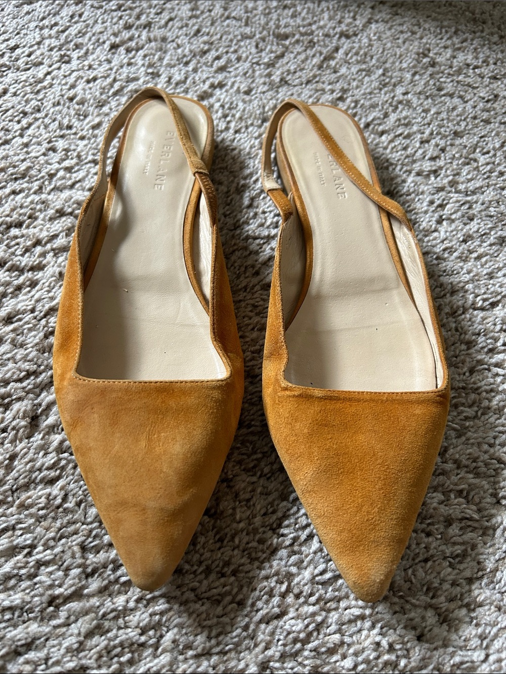 Everlane Mustard Suede Pointed-Toe Slingback Flats